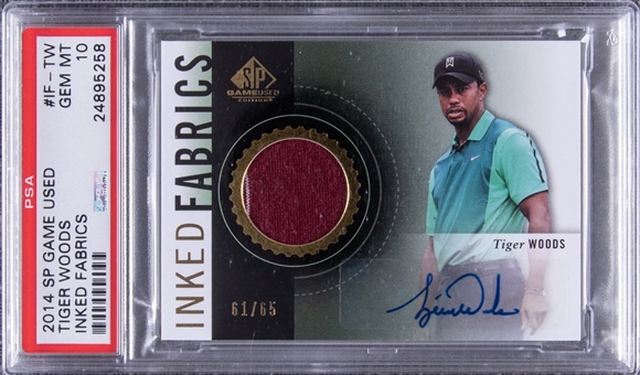2014 SP Game Used "Inked Fabrics" #IF-TW Tiger Woods Signed Tournament Used Patch Card (#61/65) – PSA GEM MT 10